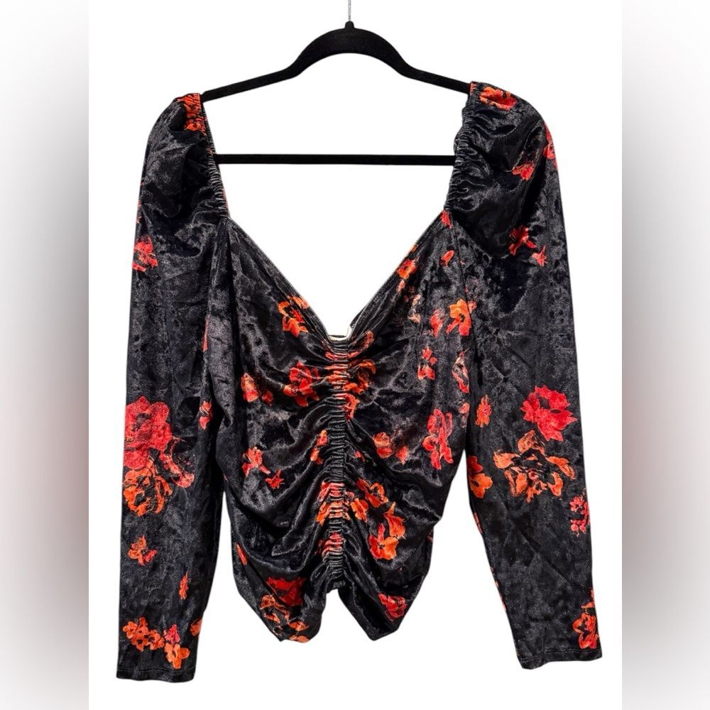 WAYF Velvet Floral Blouse Black Red Orange Long Sleeve Sweetheart Neckline‎ XL